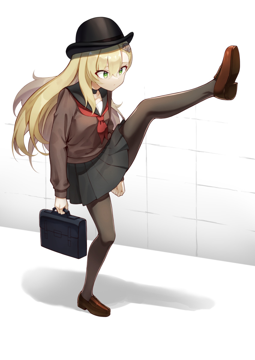 1girl, absurdres, black_headwear, black_pantyhose, black_skirt, blonde_hair, borrowed_character, bowler_hat