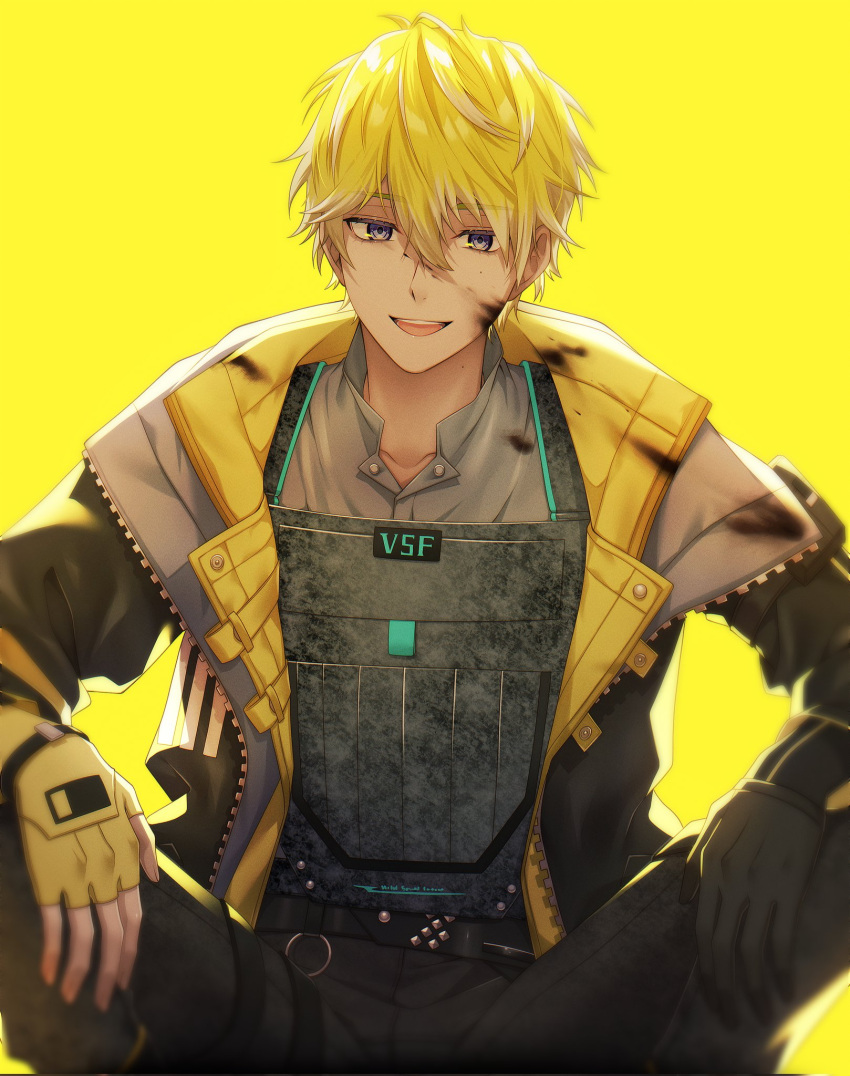 1boy, 7umaguro, bangs, belt, black_gloves, black_jacket, black_pants, blonde_hair