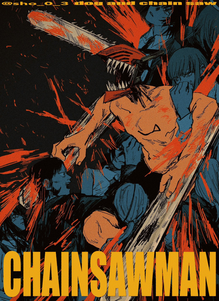 angel_devil_(chainsaw_man), black_hair, black_necktie, blood, blood_on_weapon, blood_splatter, chainsaw, chainsaw_man