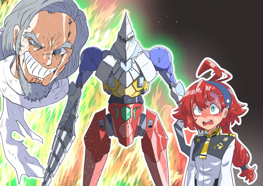 1boy, 1girl, ahoge, aura, crazy_eyes, delling_rembran, doden_3-shiki, getter-2
