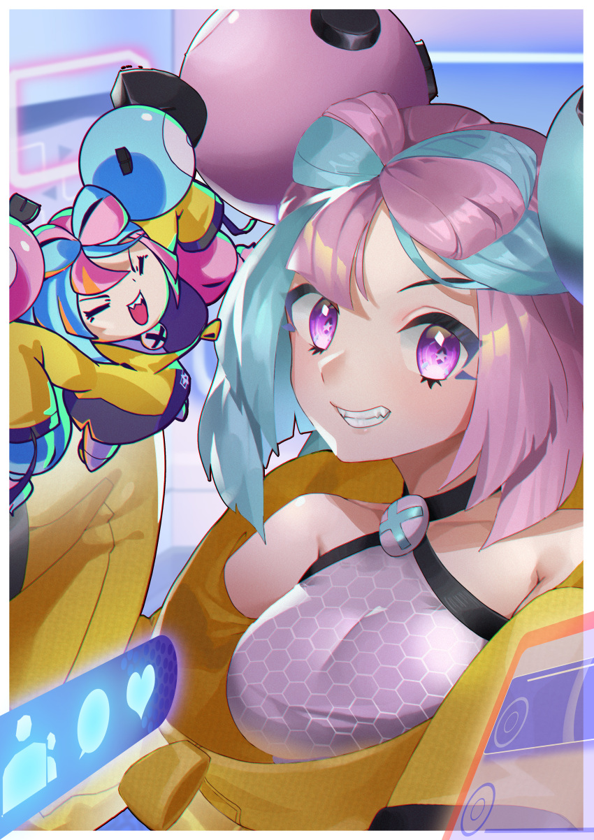 2girls, absurdres, border, breasts, character_hair_ornament, chibi, collarbone, commentary_request, erudite-sama, eyelashes, green_hair, grin, hair_ornament, hands_up, heart, highres, iono_(pokemon), jacket, long_hair, looking_at_viewer, multiple_girls, pokemon, pokemon_(game), pokemon_sv, purple_hair, smile, star_(symbol), star_in_eye, symbol_in_eye, teeth, violet_eyes, white_border, yellow_jacket