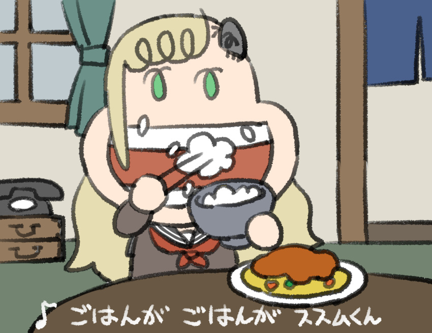 1girl, ajinomoto, bowl, brown_shirt, chibi, chopsticks, eating, food