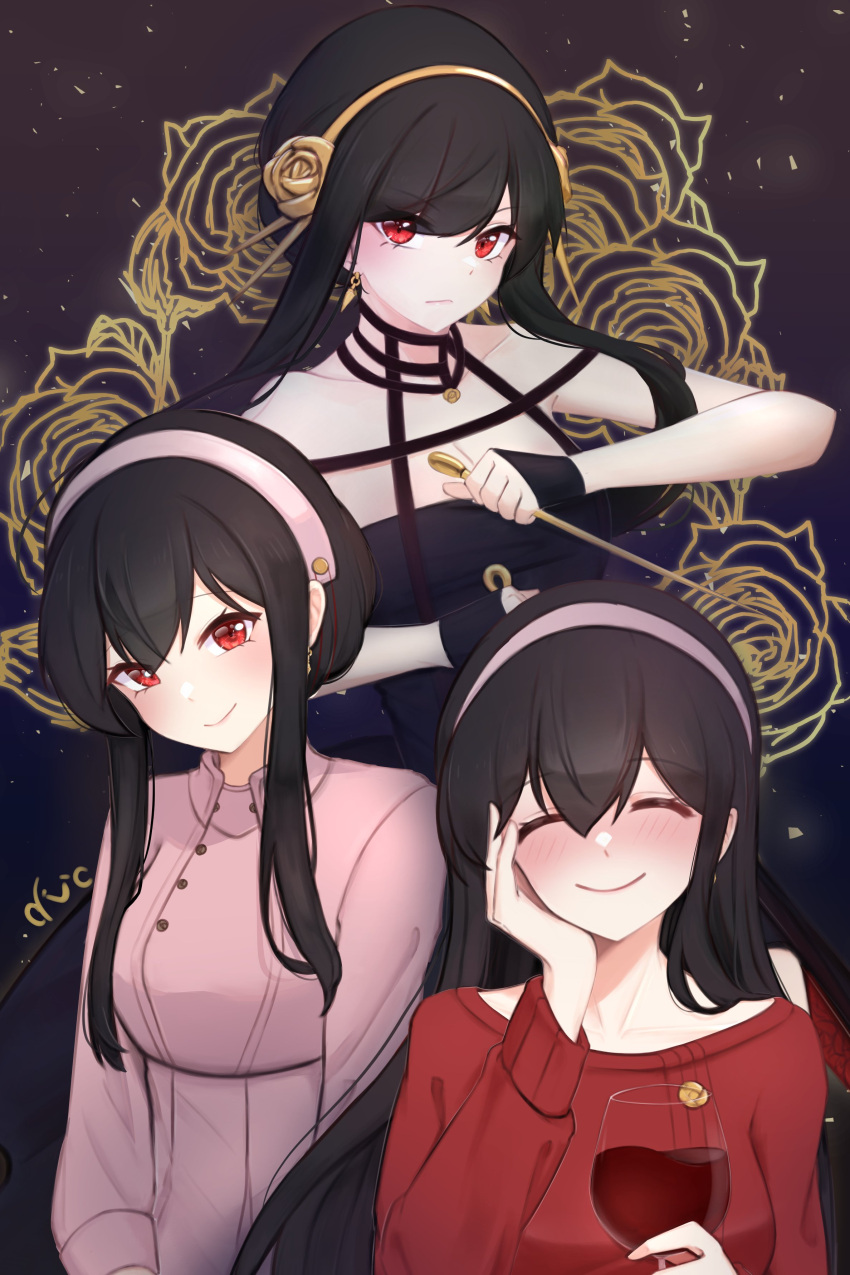 3girls, absurdres, alcohol, arms_up, artist_name, bangs, bare_shoulders, black_dress