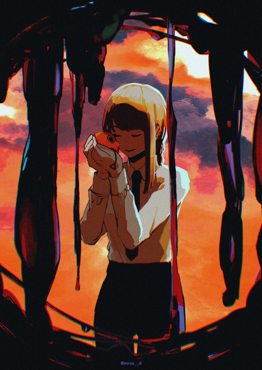 1girl, absurdres, black_necktie, black_pants, blood, chainsaw_man, closed_eyes, clouds