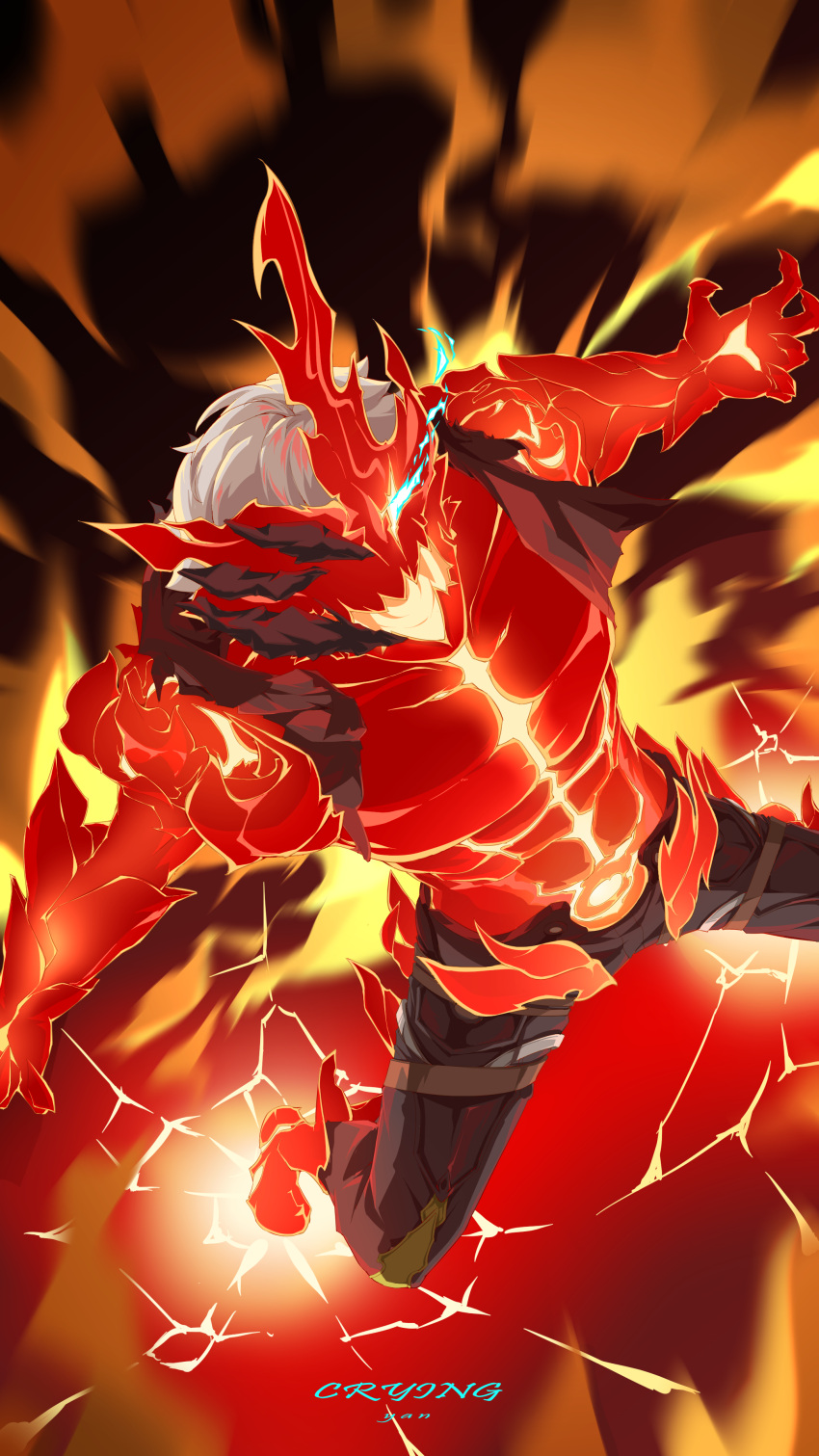 1boy, abs, absurdres, artist_name, bangs, broken_mask, brown_pants, fire