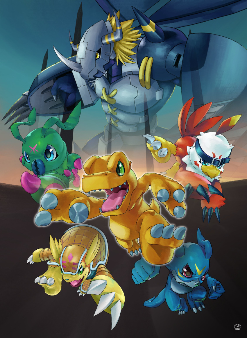 absurdres, agumon, armadimon, blackwargreymon, blonde_hair, claws, clenched_hands, closed_mouth