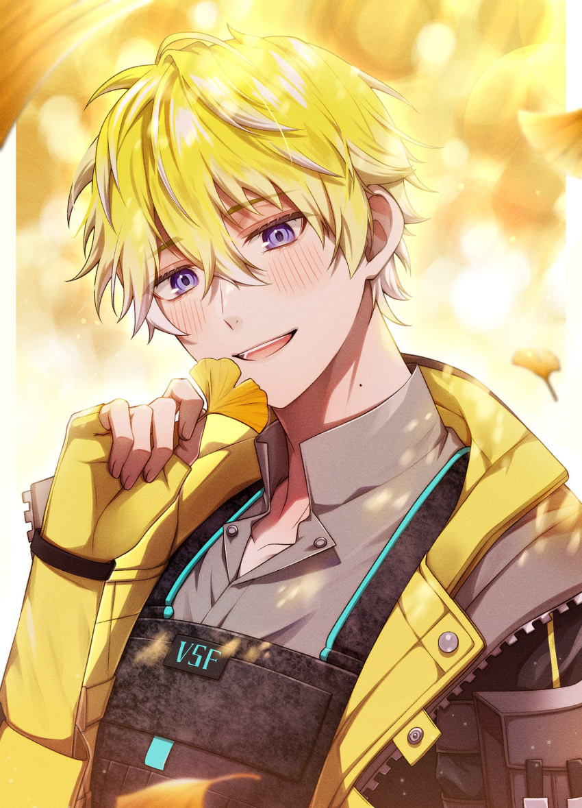 1boy, 7umaguro, bangs, blonde_hair, blue_eyes, blurry, blurry_background, bulletproof_vest