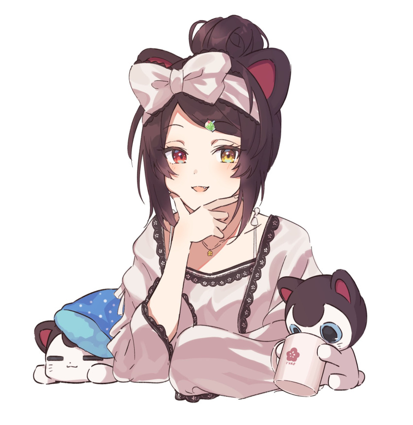 1girl, animal_ears, black_hair, bow, commentary, dog_ears, fang, hair_bow