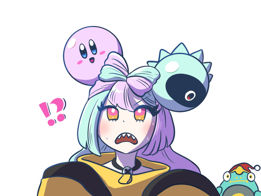 !?, 1girl, aqua_hair, bellibolt, blush_stickers, colored_skin, crossover, ddddndn