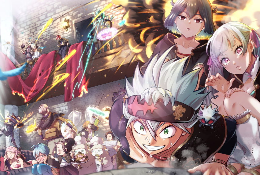 absurdres, asta_(black_clover), black_bull_(emblem), black_clover, everyone, exercise, explosion, finral_roulacase