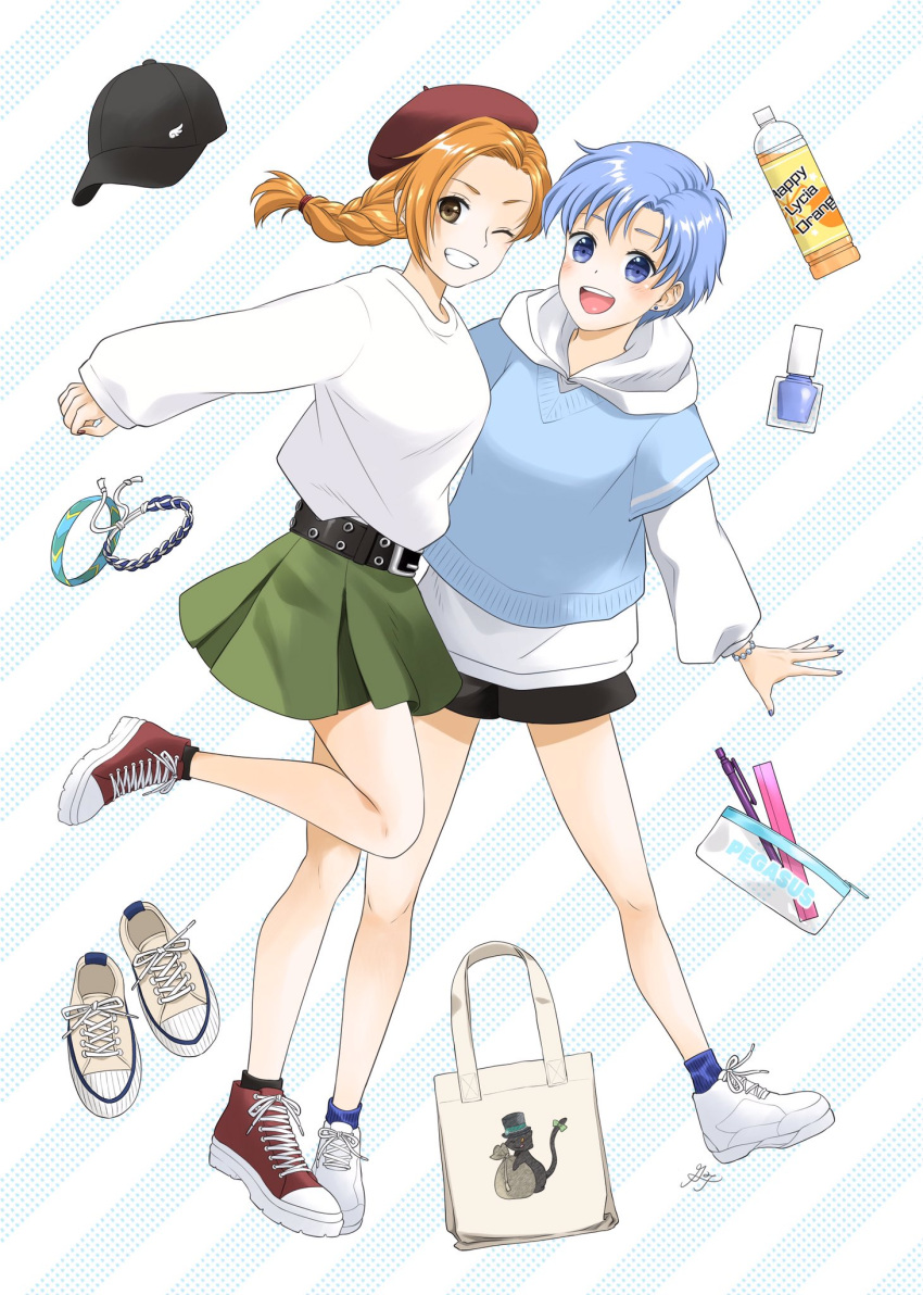 2girls, ;d, baseball_cap, belt, beret, black_skirt, blue_eyes, blue_hair
