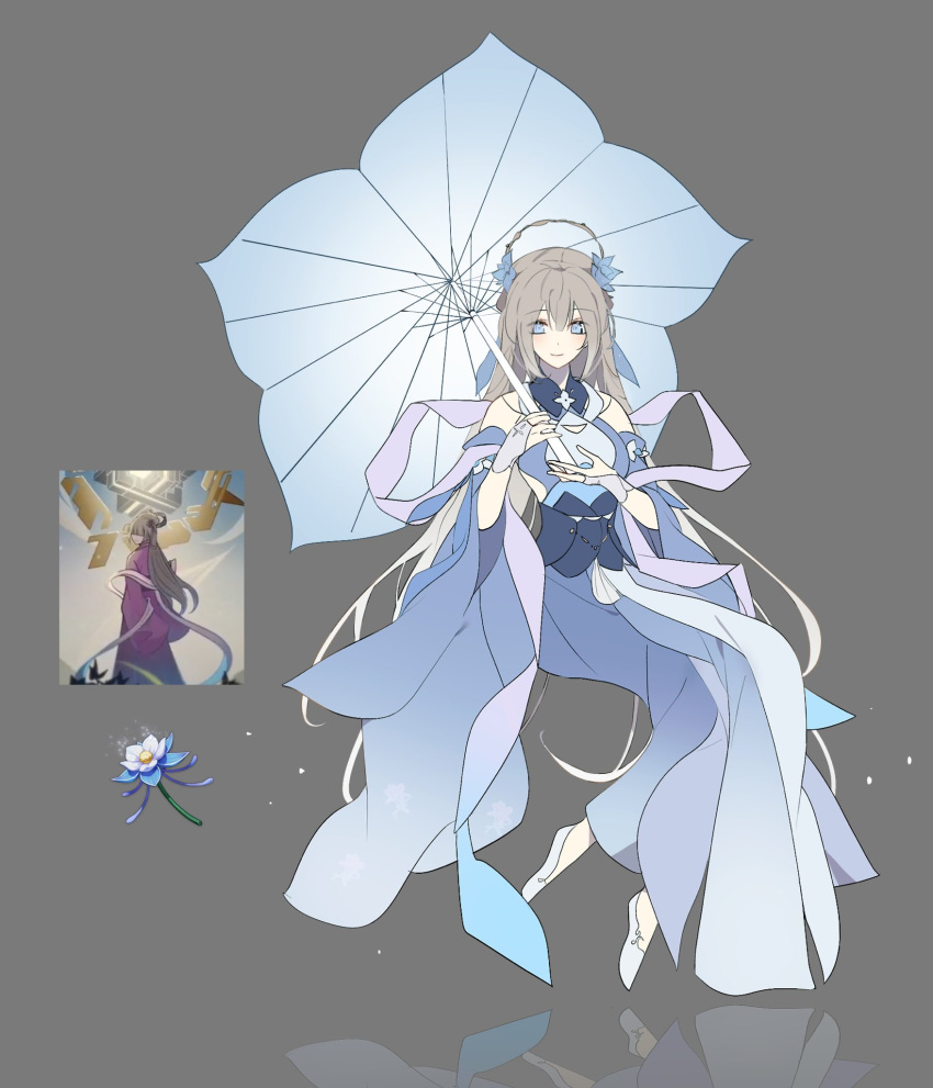 1girl, blue_eyes, blue_flower, chinese_clothes, closed_mouth, commentary, detached_sleeves, english_commentary