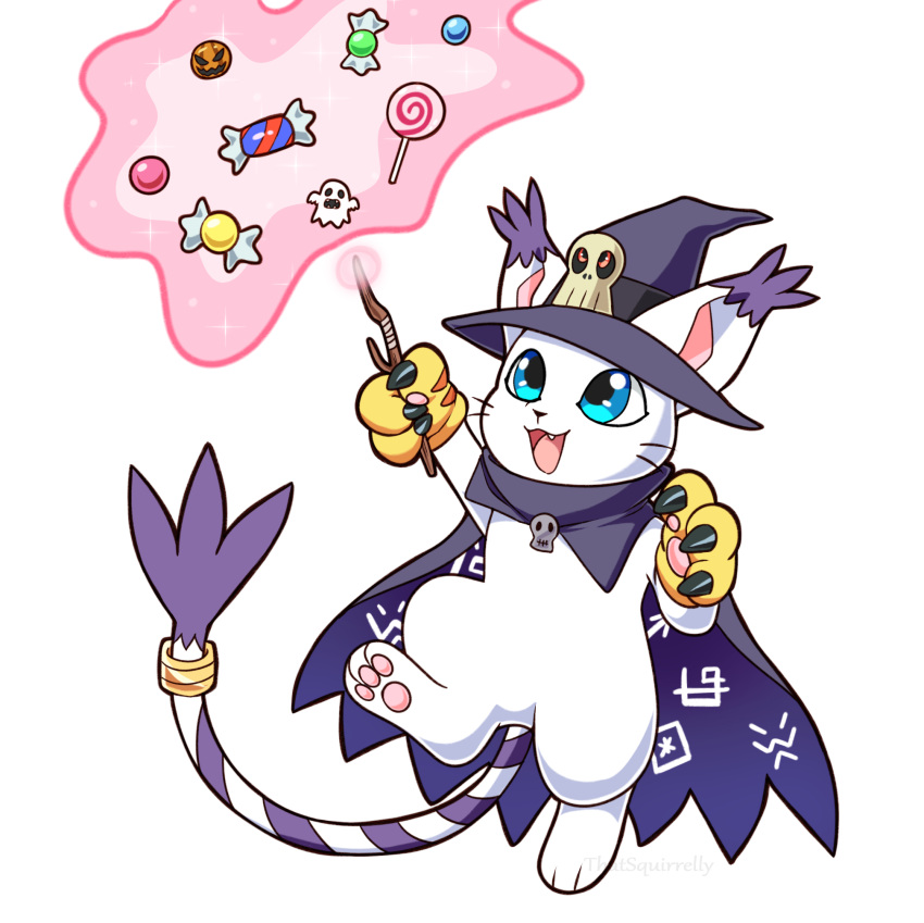 bakemon, black_cape, black_headwear, blue_eyes, candy, cape, cat, claws, cosplay, digimon, digimon_(creature), digimon_adventure, food, full_body, highres, holding, holding_wand, lollipop, looking_up, no_humans, pumpkin, solo, squirrel_(thatsquirrelly), tail, tail_ornament, tail_ring, tailmon, two-sided_cape, two-sided_fabric, wand, wizarmon, wizarmon_(cosplay)