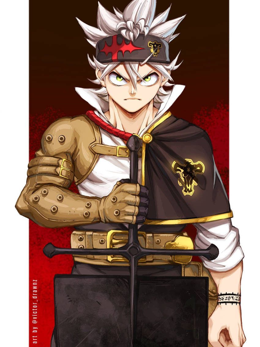 asta_(black_clover), black_bull_(emblem), black_clover, green_eyes, grey_hair, headband, highres, holding, holding_sword, holding_weapon, red_background, sword, victor_drawnz, weapon