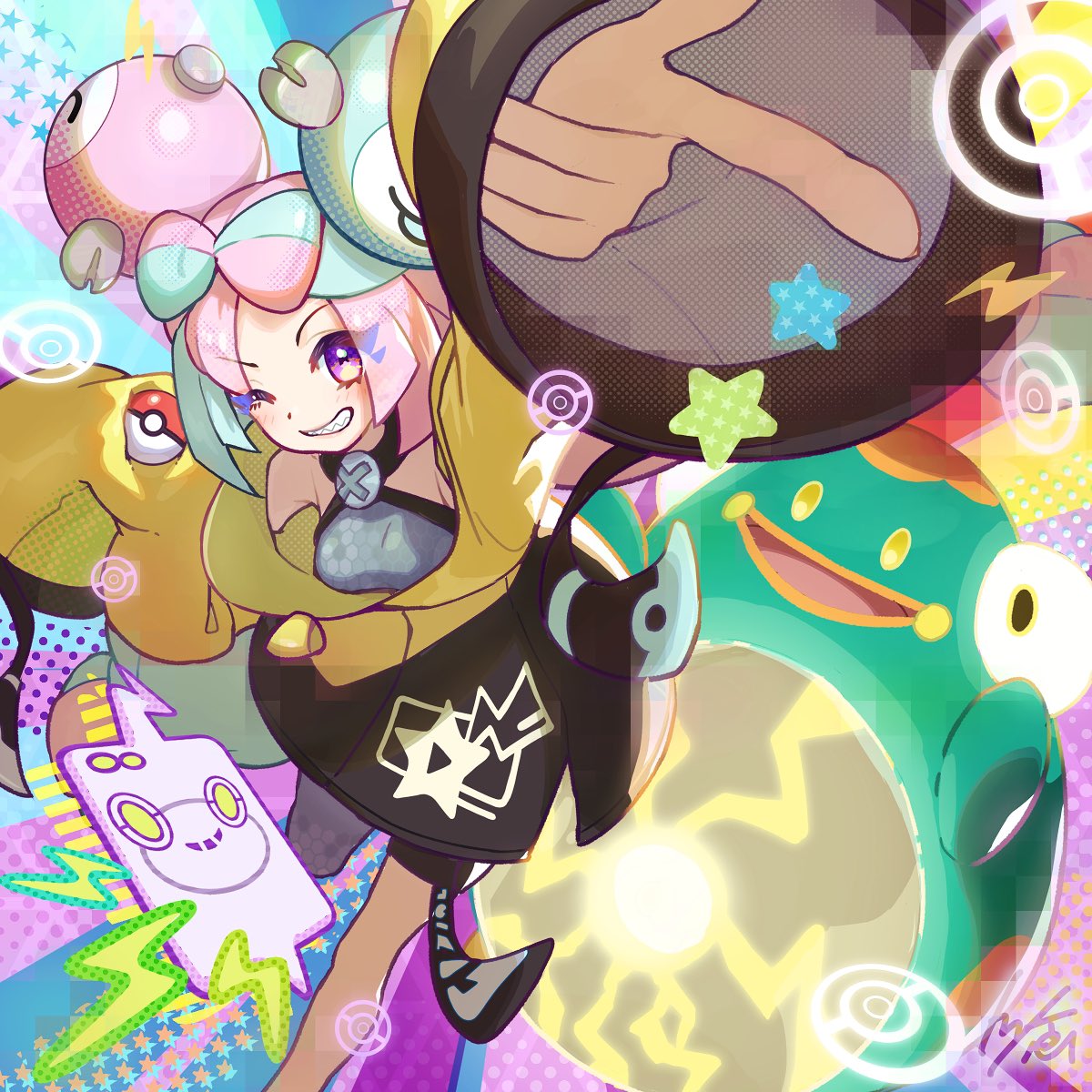 1girl, aqua_hair, arm_up, bellibolt, breasts, character_hair_ornament, colored_skin, green_skin