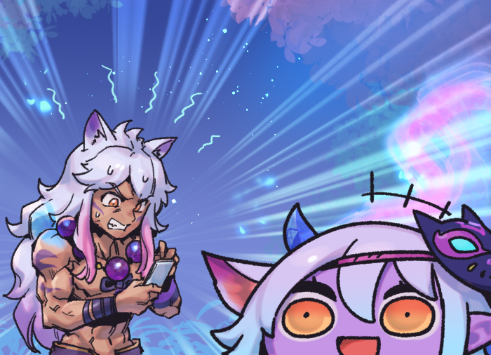 1boy, 1girl, :d, angry, animal_ears, bangs, bead_necklace, beads