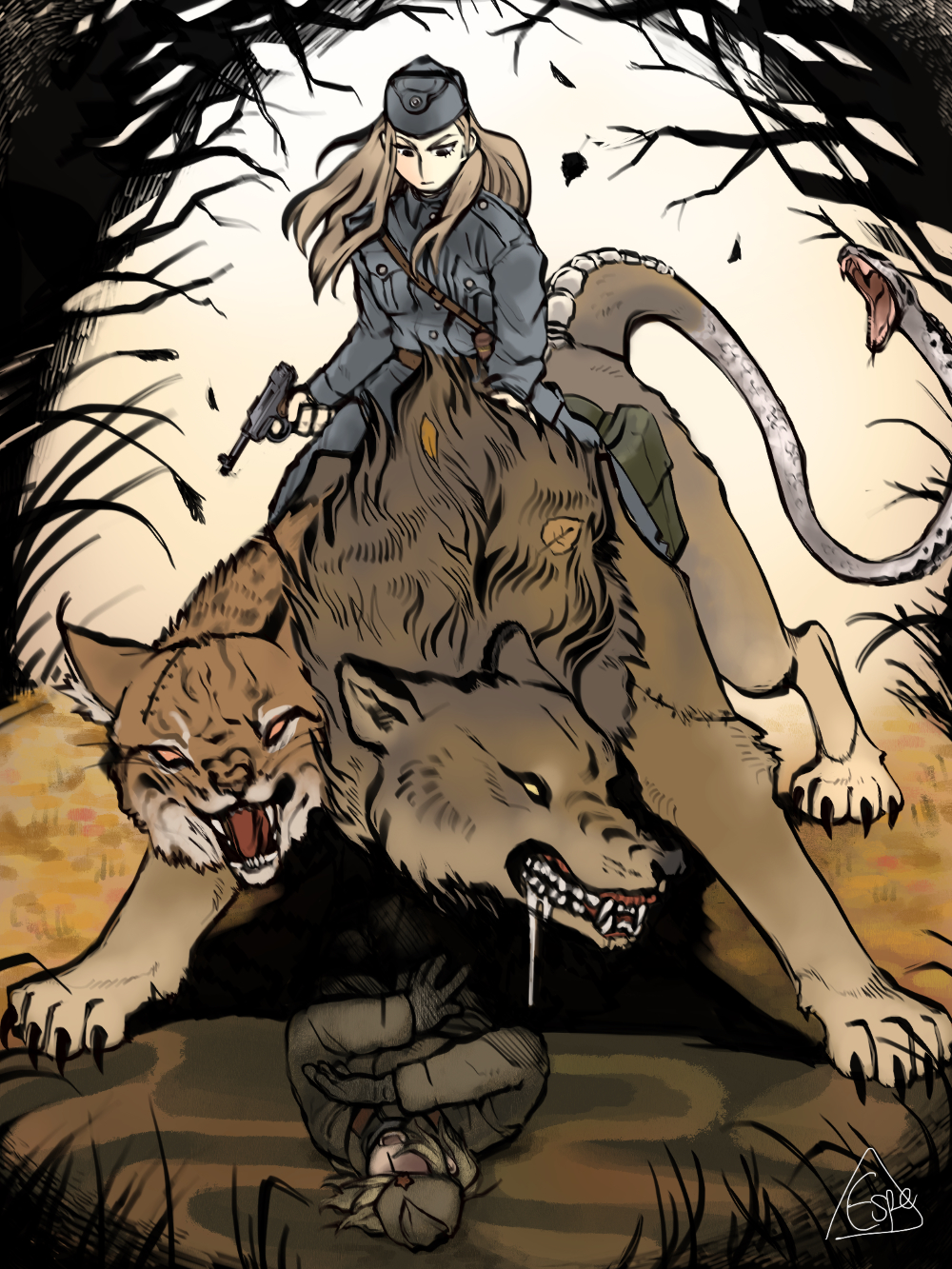 2girls, chimera, espedraws, finnish_army, grey_headwear, grey_jacket, grey_pants, gun