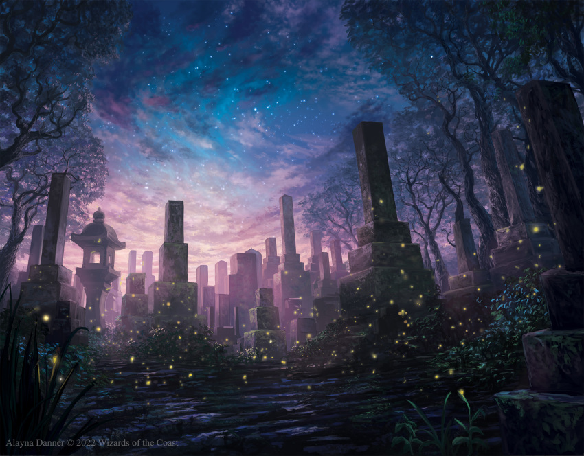 alayna_danner, artist_name, clouds, company_name, english_commentary, fantasy, gradient_sky, graveyard