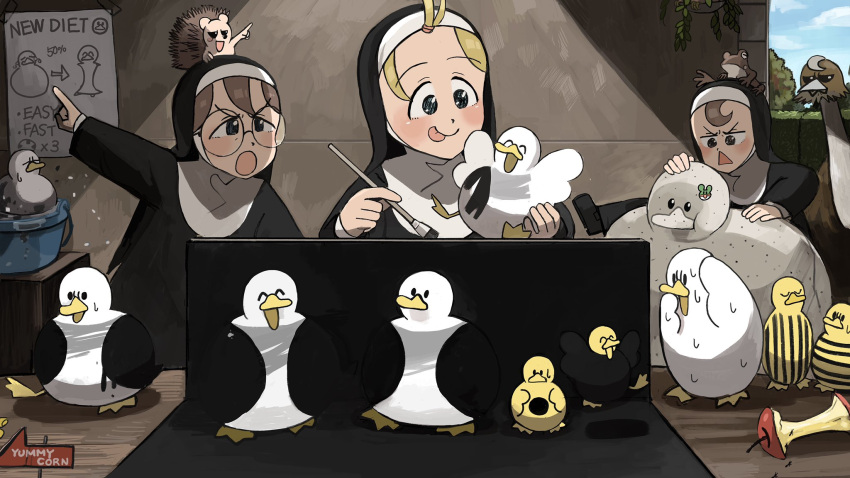 3girls, :o, :p, animal_on_head, ant, apple, apple_core, basin, bird, blonde_hair, blue_eyes, bodypaint, brown_eyes, brown_hair, bug, catholic, chicken, chicken_feet, clumsy_nun_(diva), diva_(hyxpk), duck, duckling, english_commentary, food, frog, froggy_nun_(diva), fruit, glasses, glasses_nun_(diva), habit, hanging_plant, hedgehog, hedgehog_on_head, highres, little_nuns_(diva), multiple_girls, nun, on_head, ostrich, painting_(action), pointing, poster_(object), round_eyewear, statue, striped, sweat, sweating_profusely, tongue, tongue_out, topknot, vertical_stripes, washing