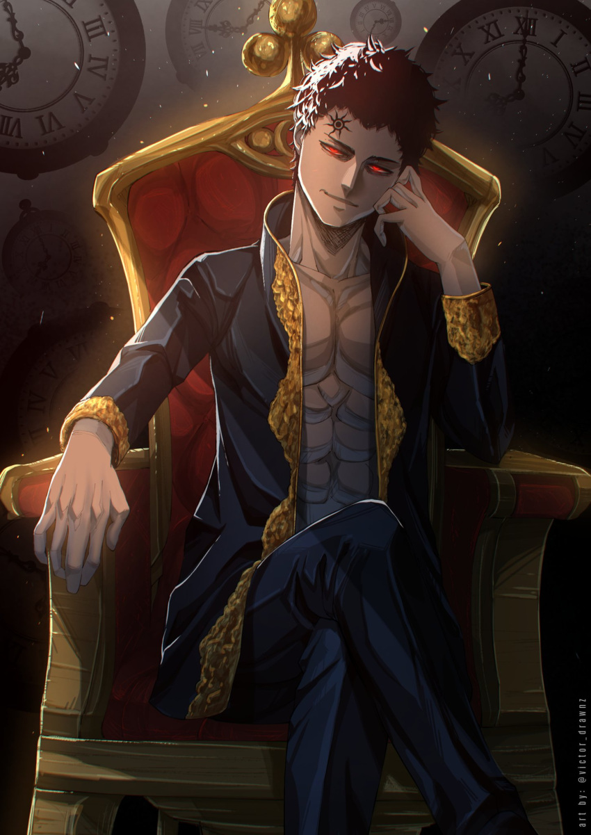 abs, black_clover, black_hair, clock, crossed_legs, highres, lucius_zogratis, male_focus