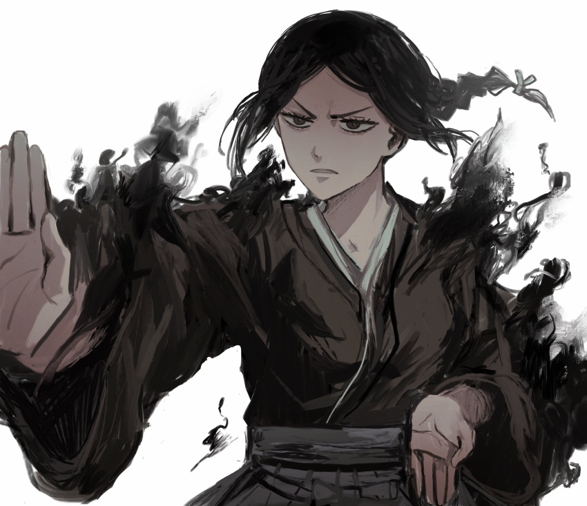 black_clover, black_hair, braid, darkness, frown, hakama, hakama_skirt, highres