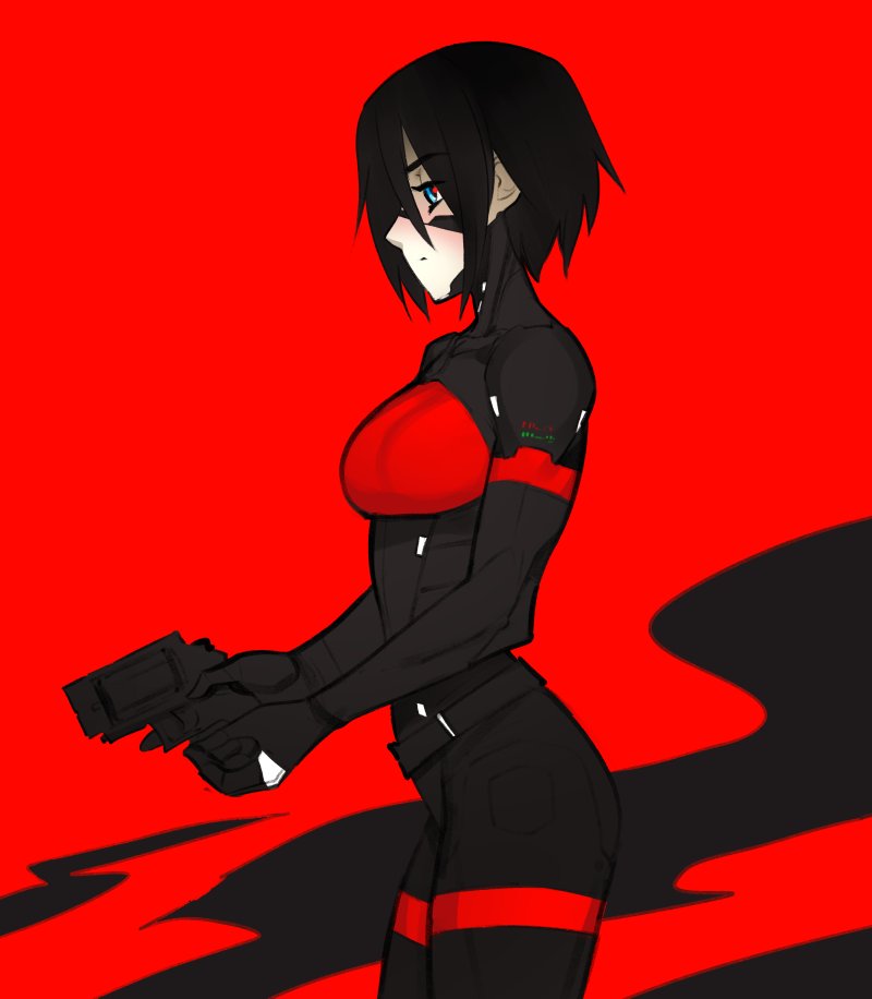 1girl, android, black_background, black_hair, blue_eyes, breasts, elster_(signalis), english_commentary