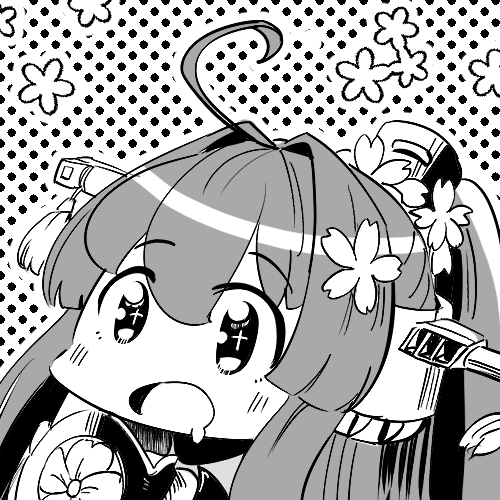 1girl, ahoge, cherry_blossoms, collar, commentary_request, drooling, flower, greyscale, hair_flower, hair_intakes, hair_ornament, headgear, kantai_collection, long_hair, lowres, metal_collar, monochrome, polka_dot, polka_dot_background, ponytail, sakuramon, saliva, shirouri, solo, translation_request, upper_body, yamato_(kancolle)