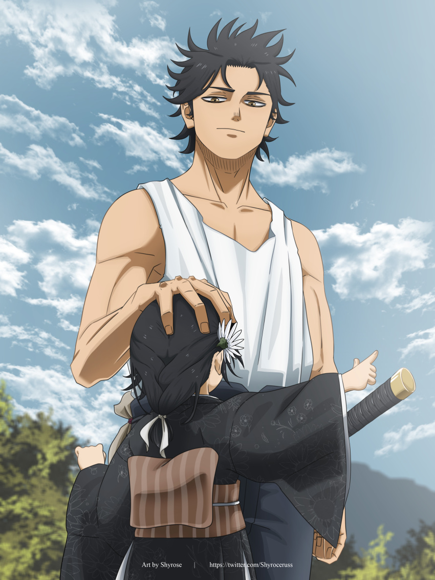 absurdres, black_clover, black_hair, braid, flower, hair_flower, hair_ornament, highres, japanese_clothes, kimono, shyroceruss, siblings, tank_top, white_tank_top, yami_ichika, yami_sukehiro
