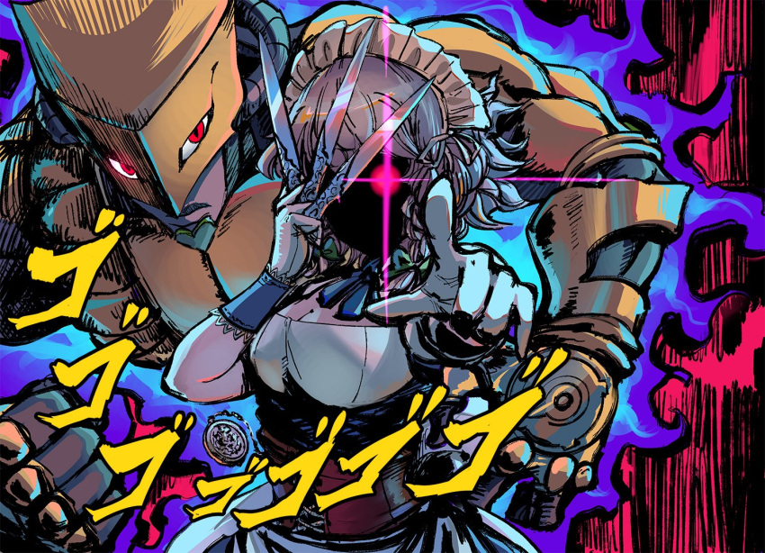 english_commentary, glowing, glowing_eye, heran_hei_mao, izayoi_sakuya, jojo_no_kimyou_na_bouken, pointing, pointing_at_viewer