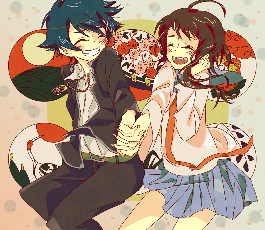 1boy, 1girl, bangs, belt, black_jacket, black_pants, blue_hair, blue_skirt