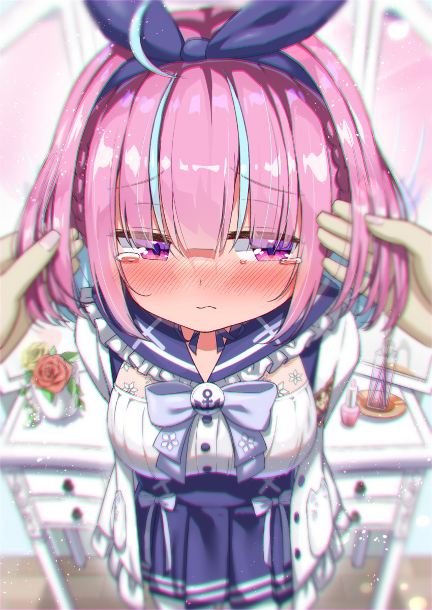 1girl, absurdres, anchor_print, bangs, blue_bow, blue_hair, blue_sailor_collar, blue_scarf