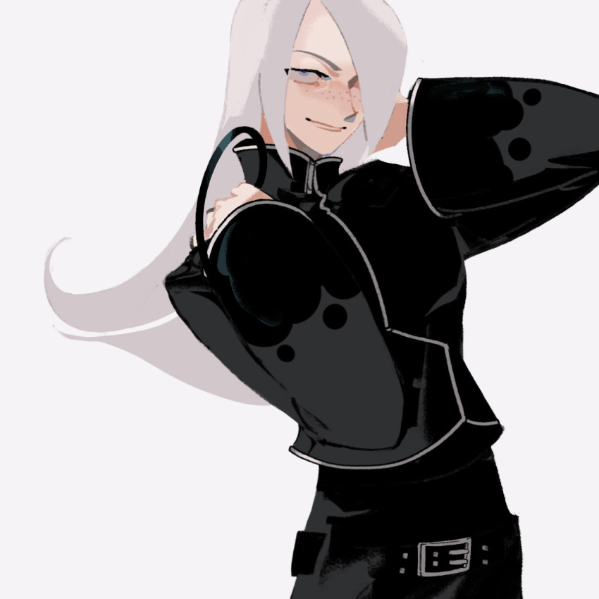 1boy, ash_crimson, belt, black_jacket, closed_mouth, evil_ash_(kof), freckles, hair_over_one_eye, hexermer, highres, jacket, korean_commentary, long_hair, long_sleeves, looking_at_viewer, male_focus, simple_background, smile, solo, the_king_of_fighters, upper_body, white_background, white_eyes, white_hair