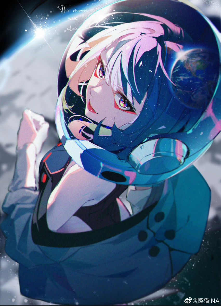 1girl, absurdres, bakeneko_ina, bangs, bare_shoulders, black_leotard, blue_eyes, blue_hair, blunt_bangs, blurry, chinese_commentary, clenched_hand, commentary_request, cyberpunk_(series), cyberpunk_edgerunners, depth_of_field, english_text, eyeshadow, feet_out_of_frame, film_grain, foreshortening, from_above, highres, lens_flare, leotard, looking_at_viewer, looking_up, lucy_(cyberpunk), makeup, moon, multicolored_eyes, red_eyeshadow, red_lips, reflection, short_hair, smile, solar_flare, solo, space, space_helmet, spacesuit, weibo_logo, weibo_username, yellow_eyes