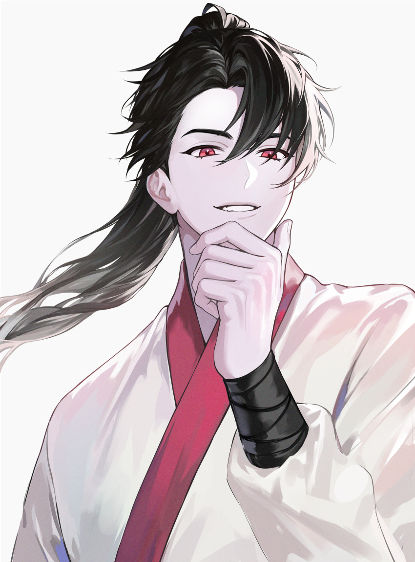 1boy, black_hair, chungmyung, hair_between_eyes, hand_up, highres, long_sleeves, male_focus, mond_sl, ponytail, red_eyes, return_of_the_mount_hua_sect, simple_background, smile, solo, white_background