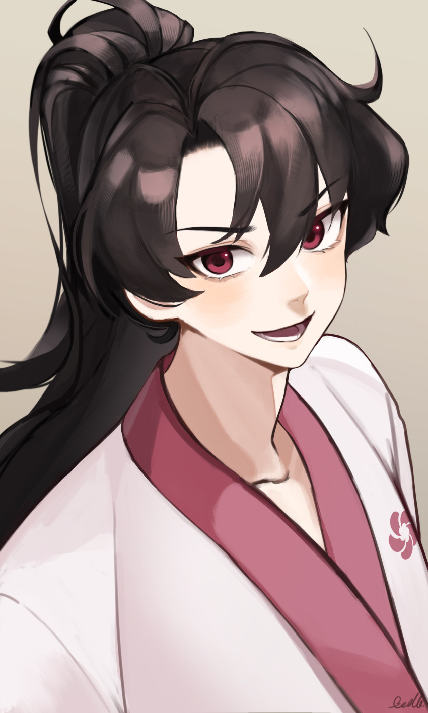 1boy, :d, absurdres, beddo712140, black_hair, brown_background, chungmyung, hair_between_eyes, highres, long_hair, red_eyes, return_of_the_mount_hua_sect, smile, solo, upper_body