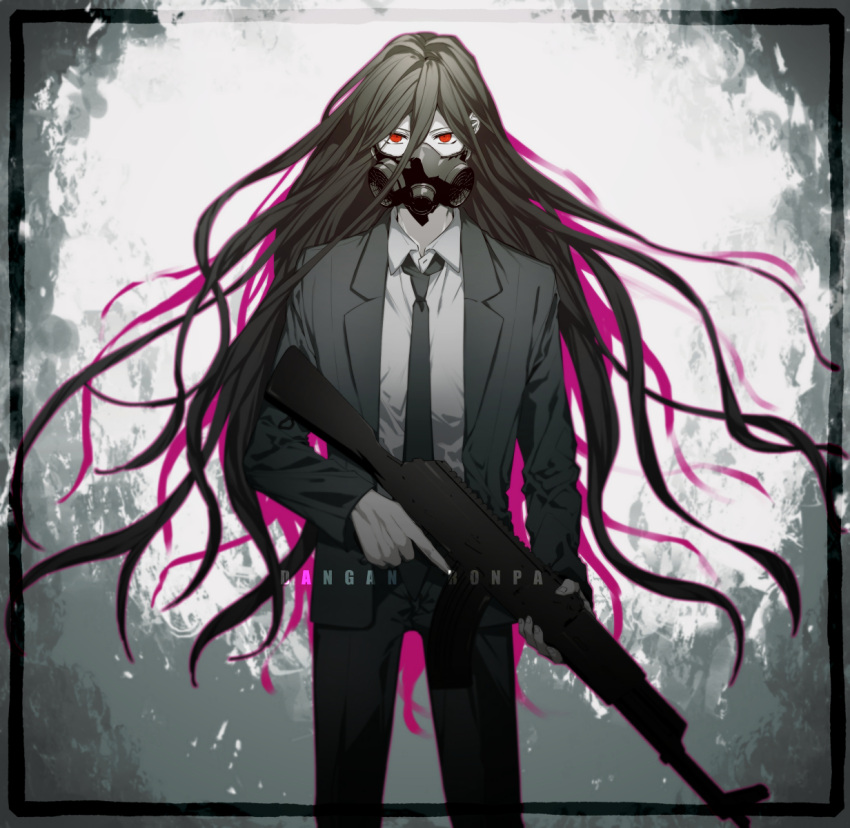 1boy, bangs, black_border, black_jacket, black_pants, border, brown_hair, collared_shirt