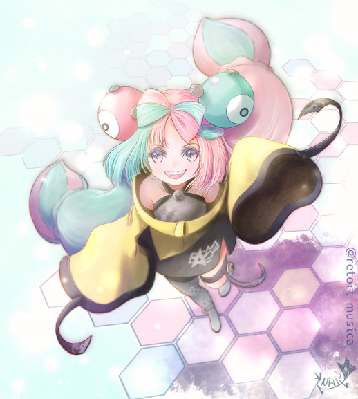 1girl, :d, arm_up, bangs, character_hair_ornament, commentary_request, from_above, green_hair, grey_footwear, grey_pantyhose, grey_shirt, hair_ornament, iono_(pokemon), jacket, looking_at_viewer, open_mouth, pantyhose, pink_hair, pokemon, pokemon_(game), pokemon_sv, sharp_teeth, shirt, shoes, single_leg_pantyhose, sirius., sleeveless, sleeveless_shirt, sleeves_past_fingers, sleeves_past_wrists, smile, solo, standing, teeth, thigh_strap, twintails, upper_teeth, yellow_jacket