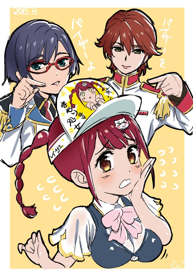 3girls, black_hair, braid, cat_hair_ornament, crossdressing, glasses, hair_ornament, hiiragi_akira_(valkyrie_drive_-mermaid-)