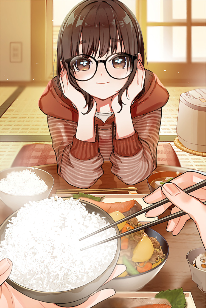 1girl, 1other, bangs, brown_eyes, brown_hair, chabudai_(table), chopsticks, closed_mouth
