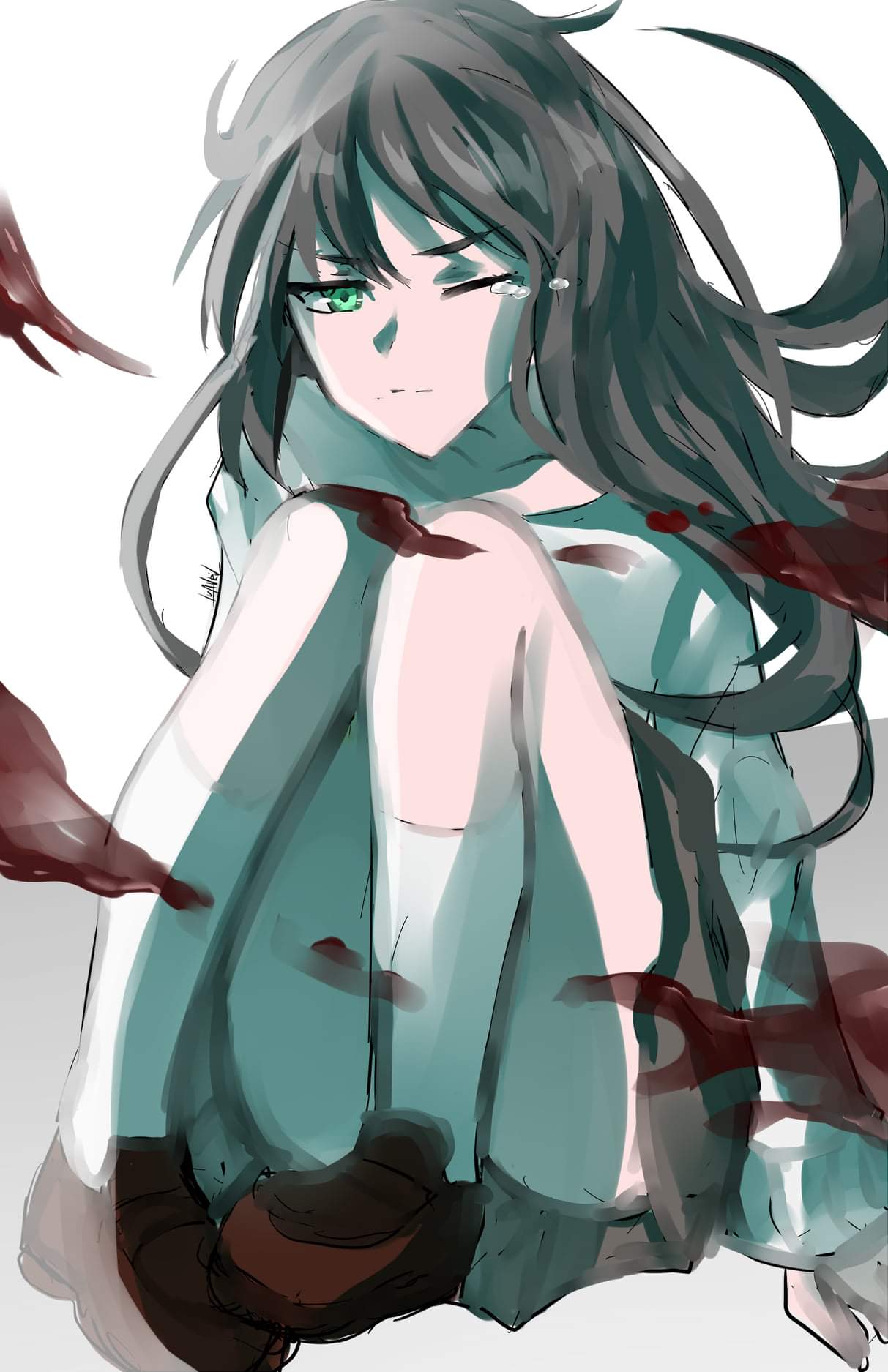 1girl, bangs, blood, brown_shoes, closed_mouth, collarbone, crying, emma_s._white