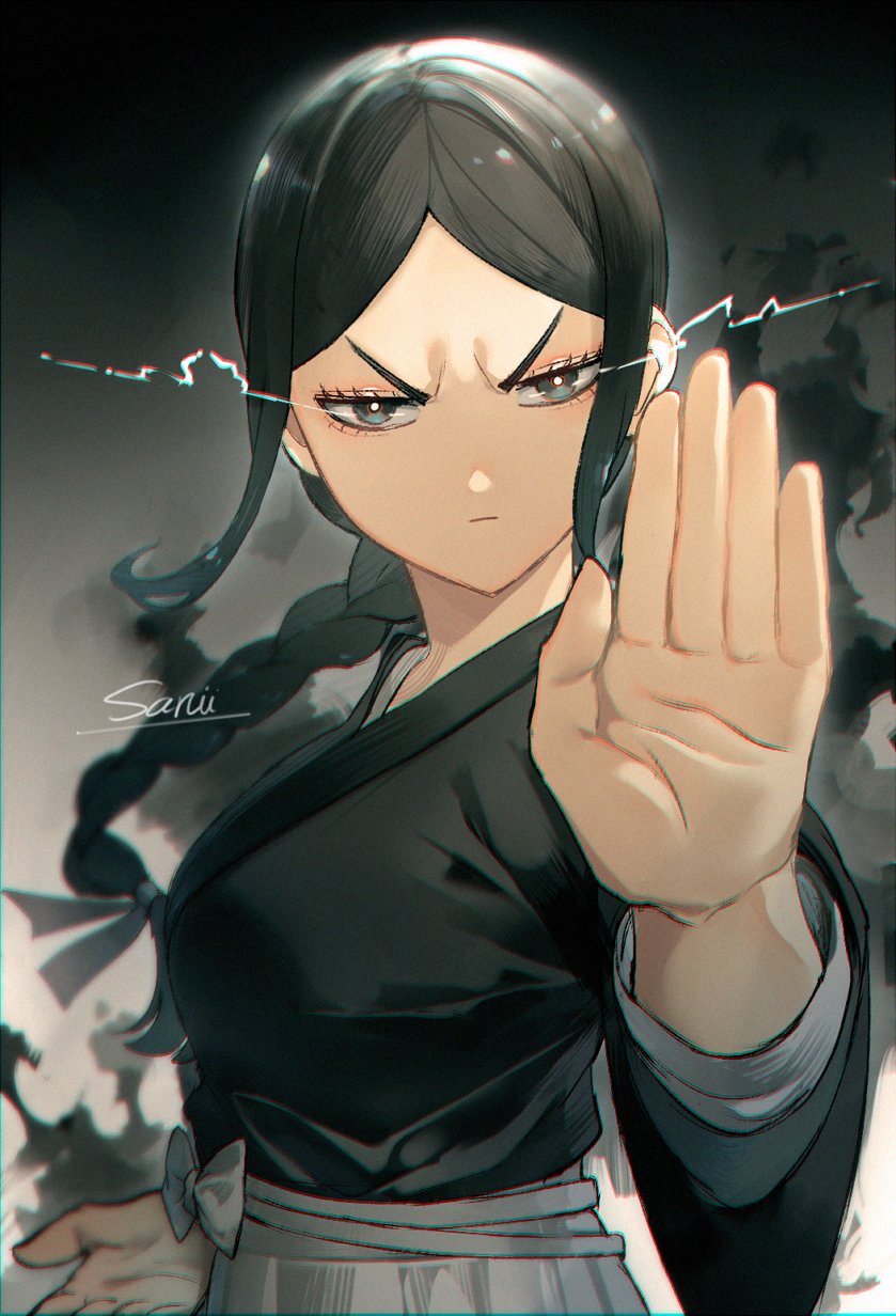 black_clover, black_hair, braid, darkness, hair_ribbon, hakama, hakama_skirt, highres
