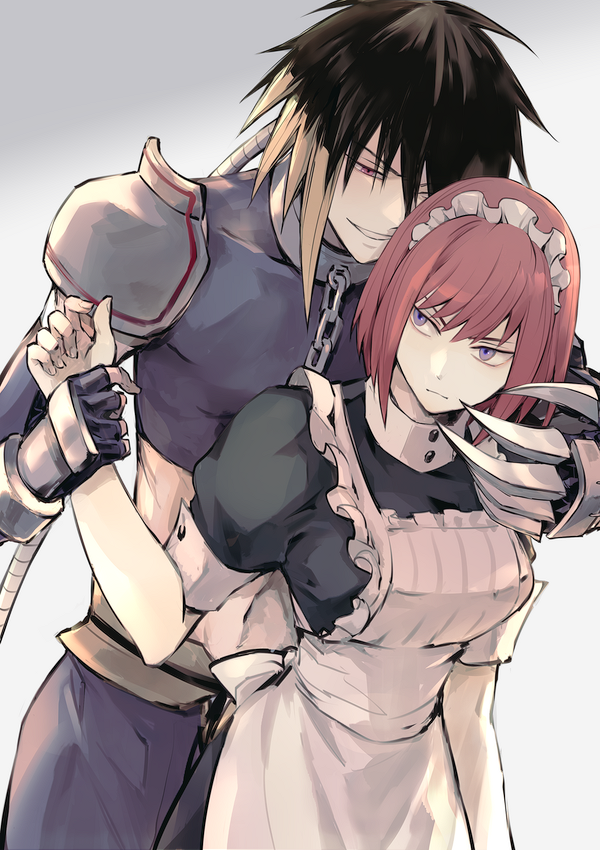 1boy, 1girl, albel_nox, blue_eyes, breasts, closed_mouth, fingerless_gloves, gloves