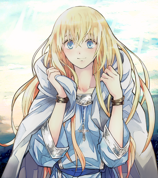 1girl, blonde_hair, blue_eyes, castlevania, castlevania_iii:_dracula's_curse, cloak, closed_mouth, clouds