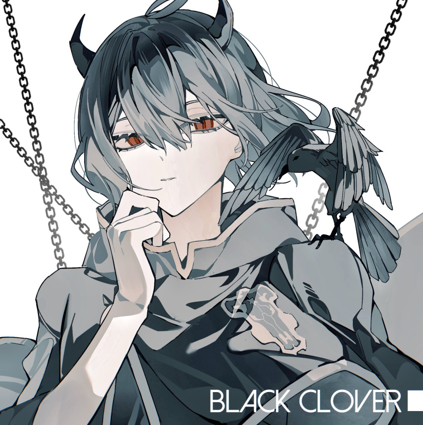 1girl, bird, black_capelet, black_clover, black_hair, capelet, chain, crow
