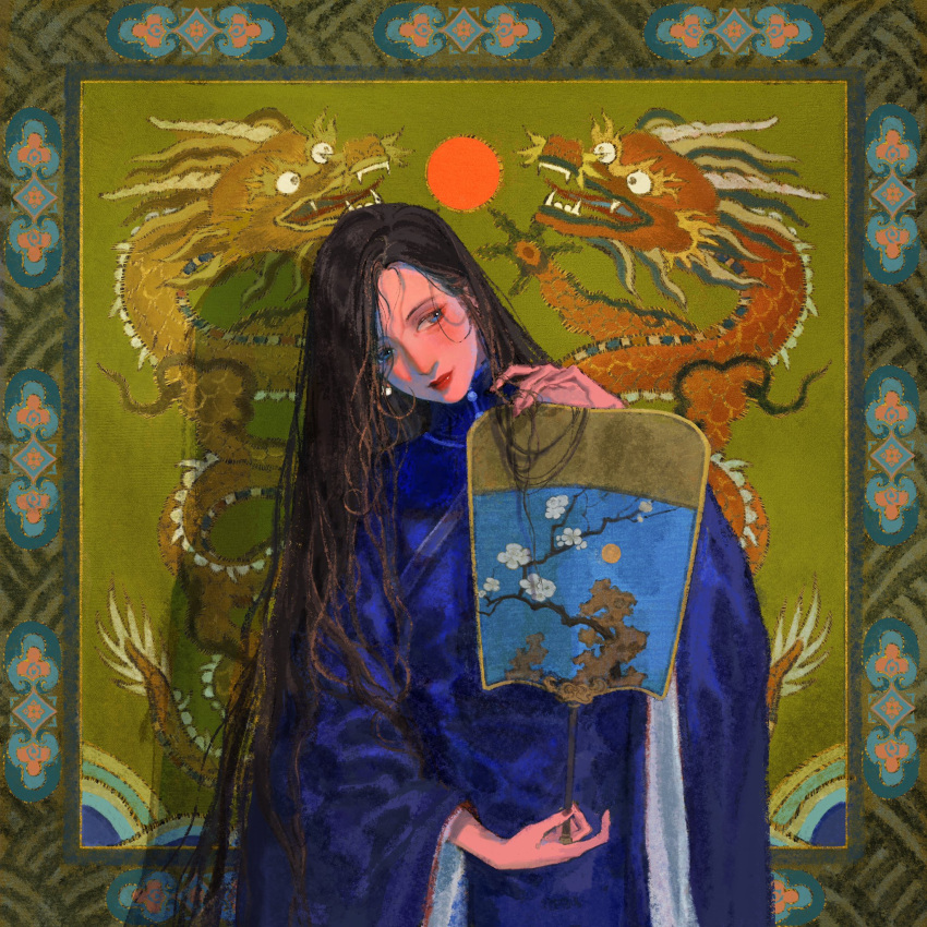 1other, androgynous, animal_ears, blue_eyes, blue_robe, branch, changpao, chinese_clothes