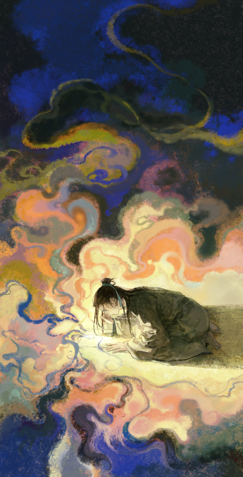 1boy, absurdres, black_hair, blue_ribbon, braid, calligraphy_brush, chinese_clothes, chinese_commentary