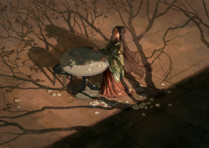 1girl, black_hair, chinese_clothes, chinese_commentary, crack, cracked_floor, dress, elyonlz