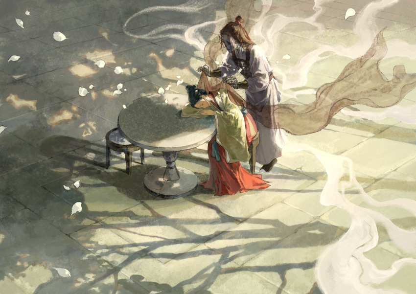 1girl, 1other, armor, black_footwear, black_hair, chinese_clothes, chinese_commentary, covering_with_blanket