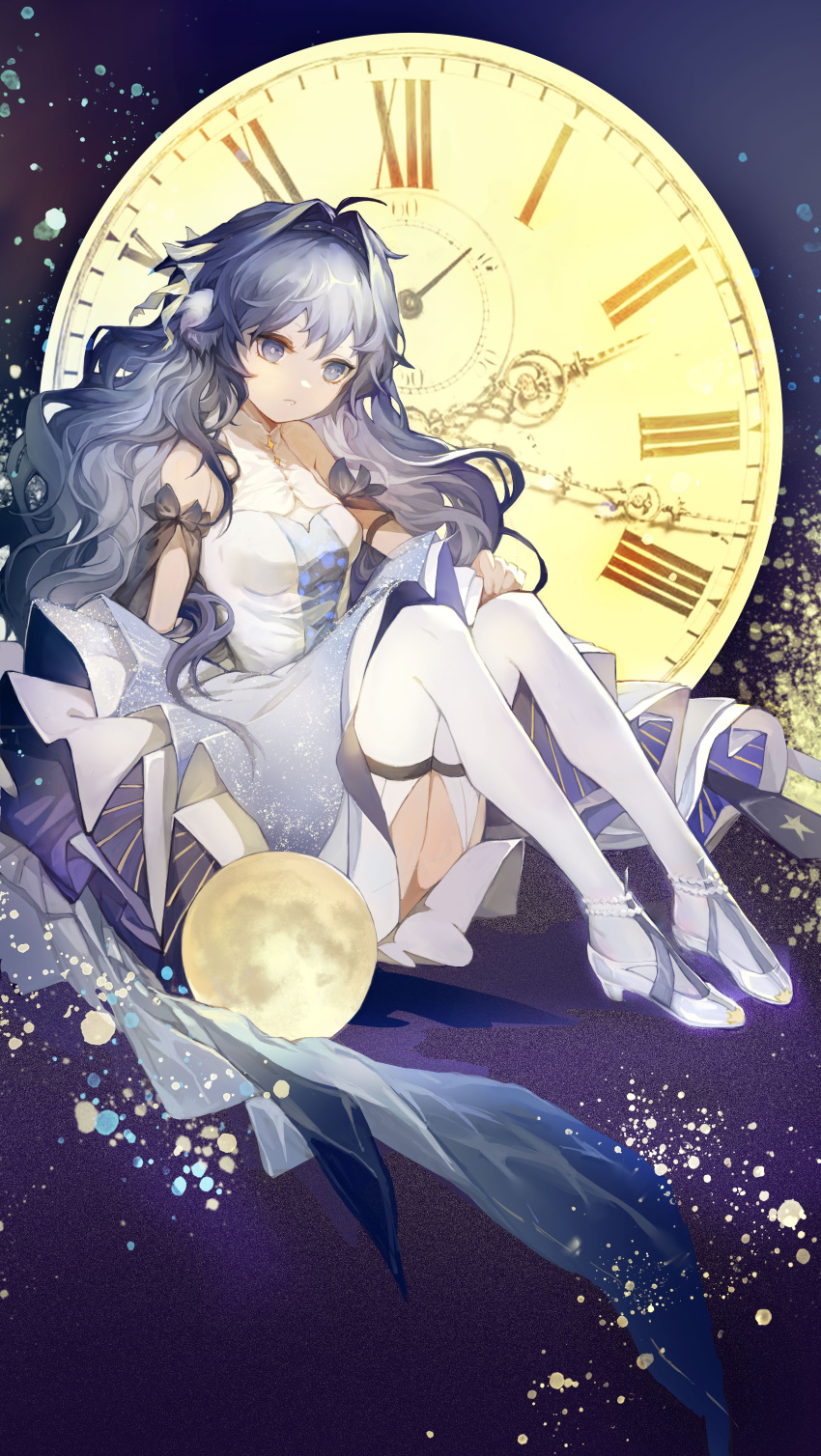 1girl, absurdres, animal_ears, arknights, arm_ribbon, astesia_(arknights), astesia_(frlibre_on_the_palace)_(arknights), bare_shoulders, bird_ears, blue_eyes, blue_hair, bright_pupils, clock, dress, expressionless, full_body, high_heels, highres, layered_dress, long_hair, moon, parted_lips, pearl_anklet, ribbon, roman_numeral, simple_background, sitting, solo, tujichazha, white_dress, white_pupils