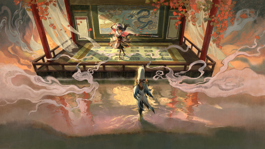 2girls, absurdres, antennae, autumn_leaves, bangs, black_dress, black_footwear, black_hair